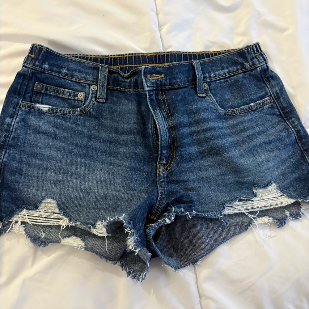 aerie Frayed Hem Distressed Denim Shorts - Dark Blue